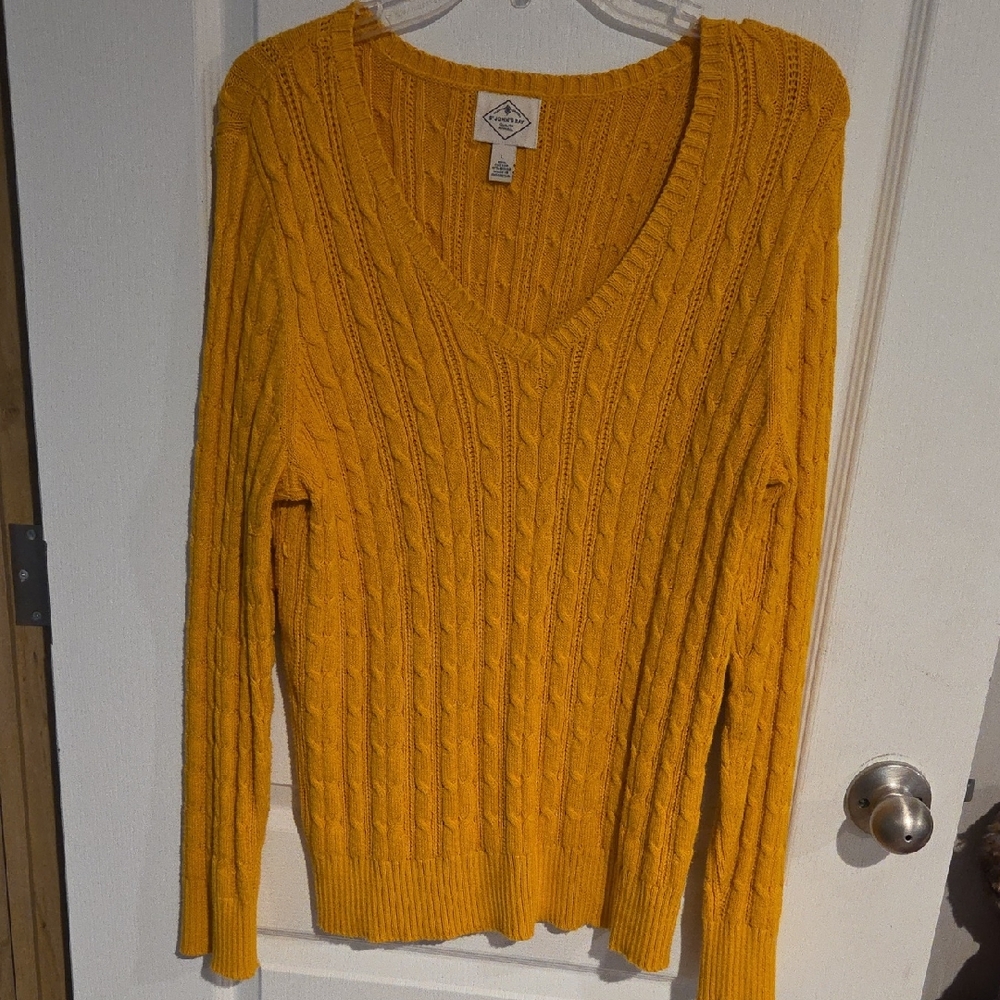 Cotton Emporium V-Neck Cable Knit Sweater in Mustard